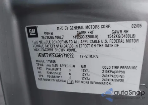 2005 Chevrolet Trailblazer Ext Ls из США, поврежденный, VIN 1GNET16SX56171622